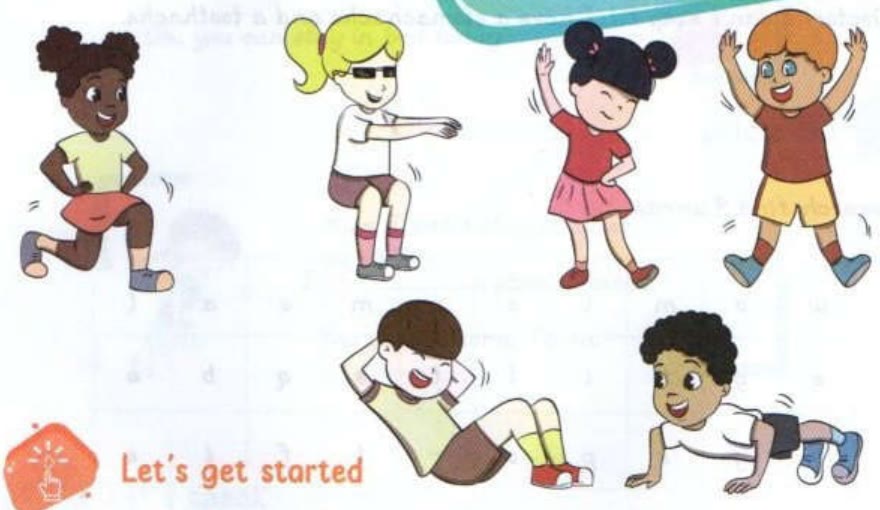 Six children doing exercises: lunges, squats, stretching, jumping, sit-ups and push-ups